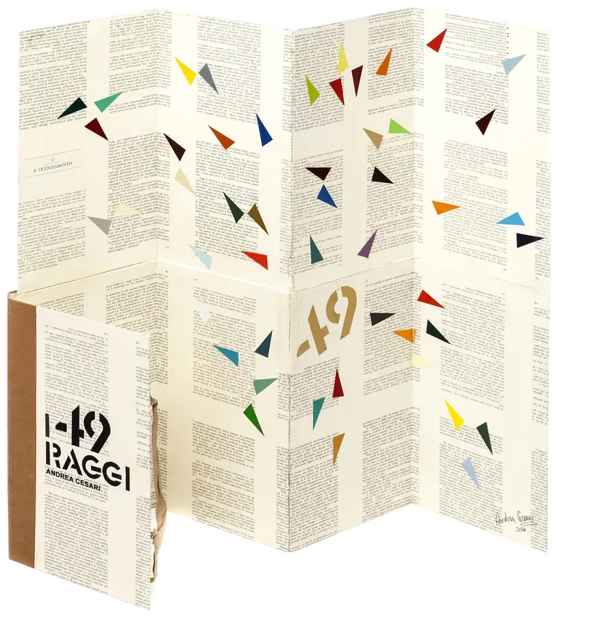 I 49 Raggi, artist's book by Andrea Cesari, open concertina spread with coloured paper rays